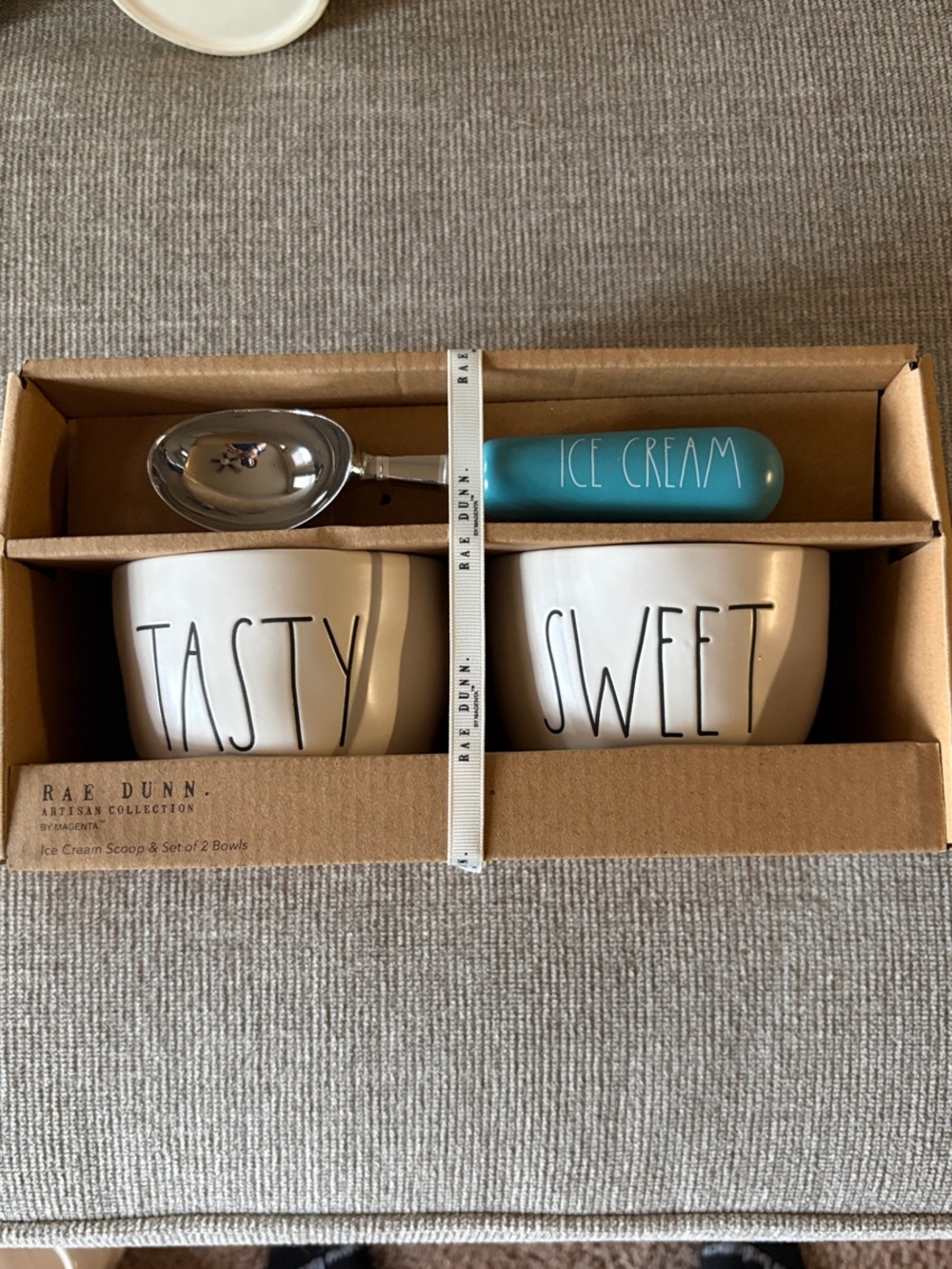 Rae Dunn White Ceramic 'TASTY' & 'SWEET' Bowls with Teal Ice Cream Scoop